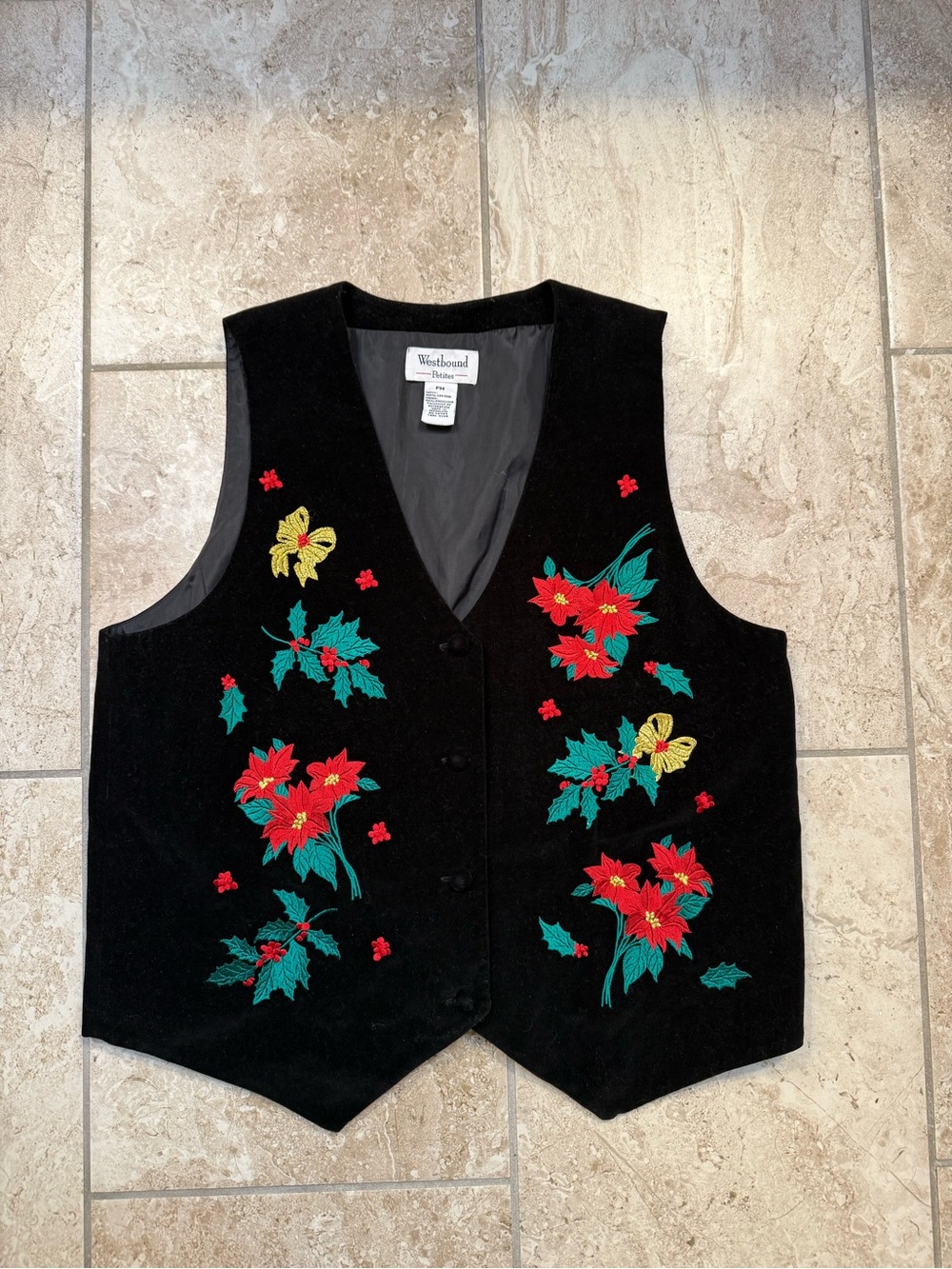Vintage Westbound Petites Black Velvet Embroidered Christmas Poinsettia Vest